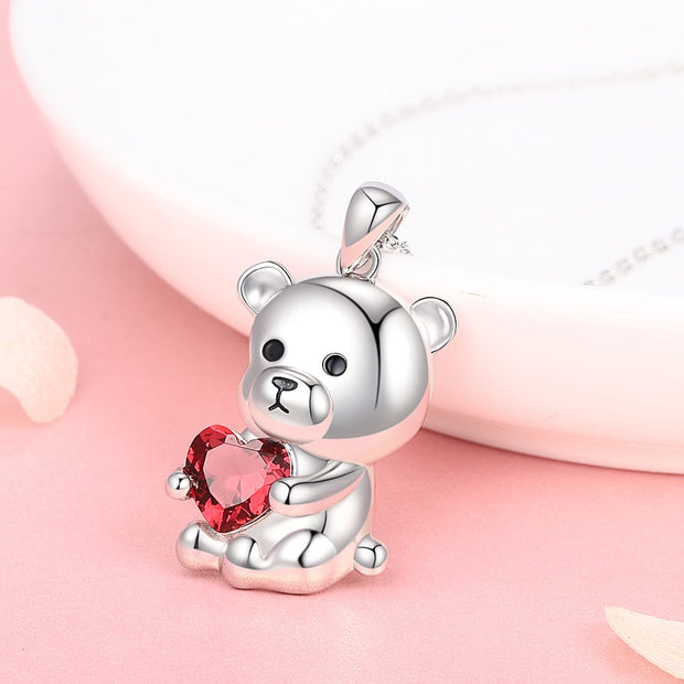 Collier Coeur Rouge Ours (Argent)